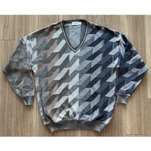 St. Croix Knits M Geometric V-Neck Sweater Cotton Blend Blue Gray Brown